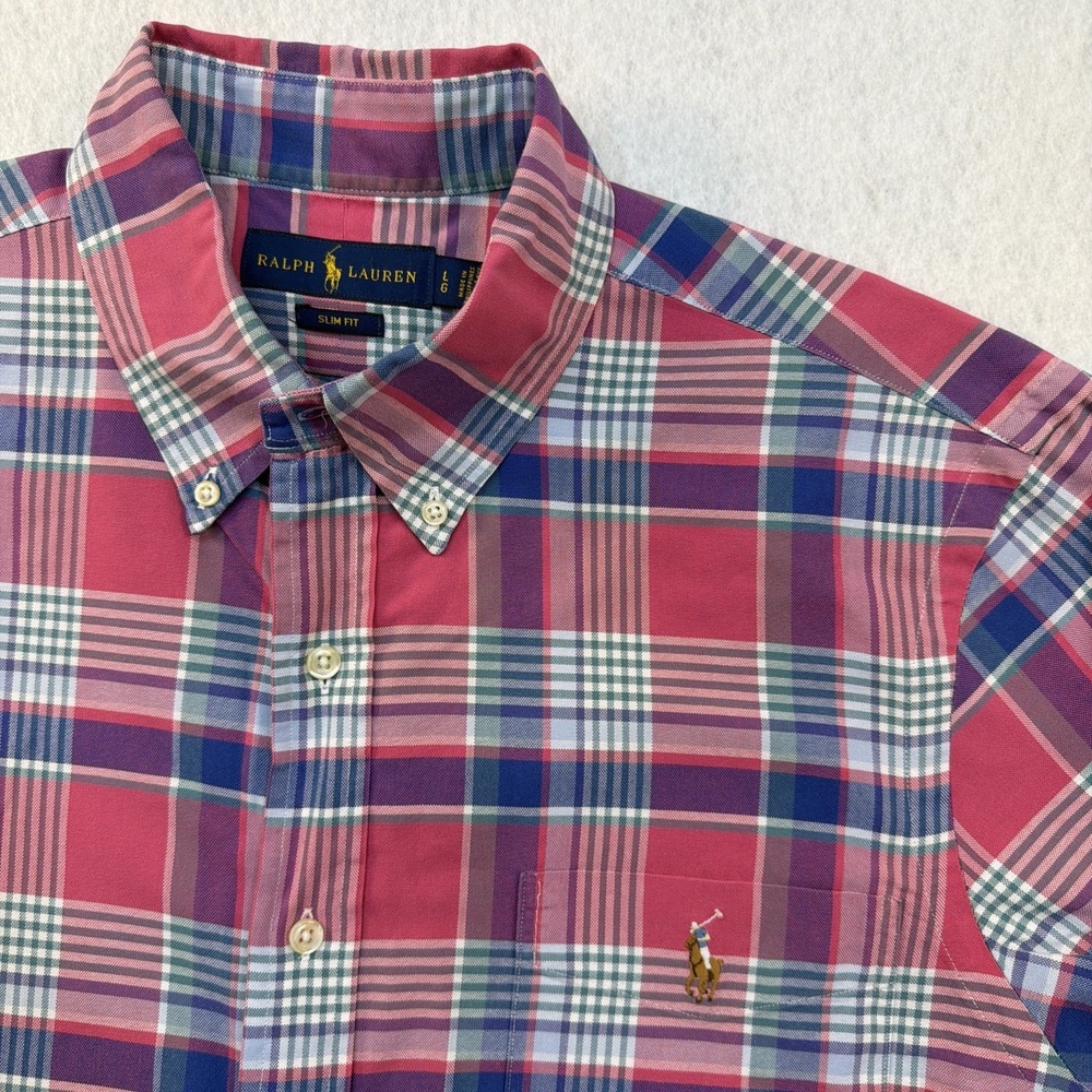 Ralph Lauren Shirt Men Sz Large Pink Plaid Button Down Short Sleeve Oxford Pony
